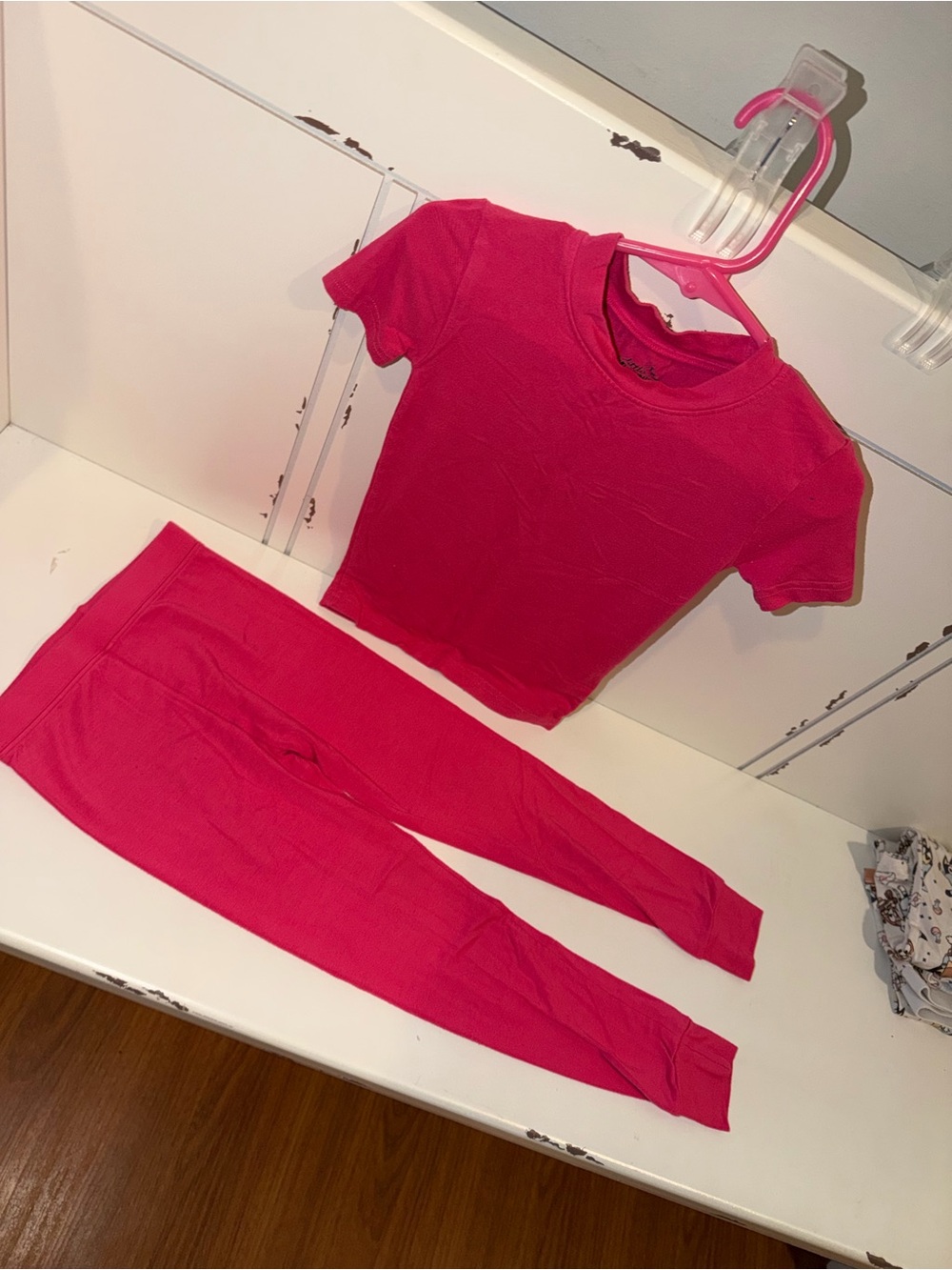 Women’s Hot Pink Ribbed Short Sleeve Top & Leggings Set